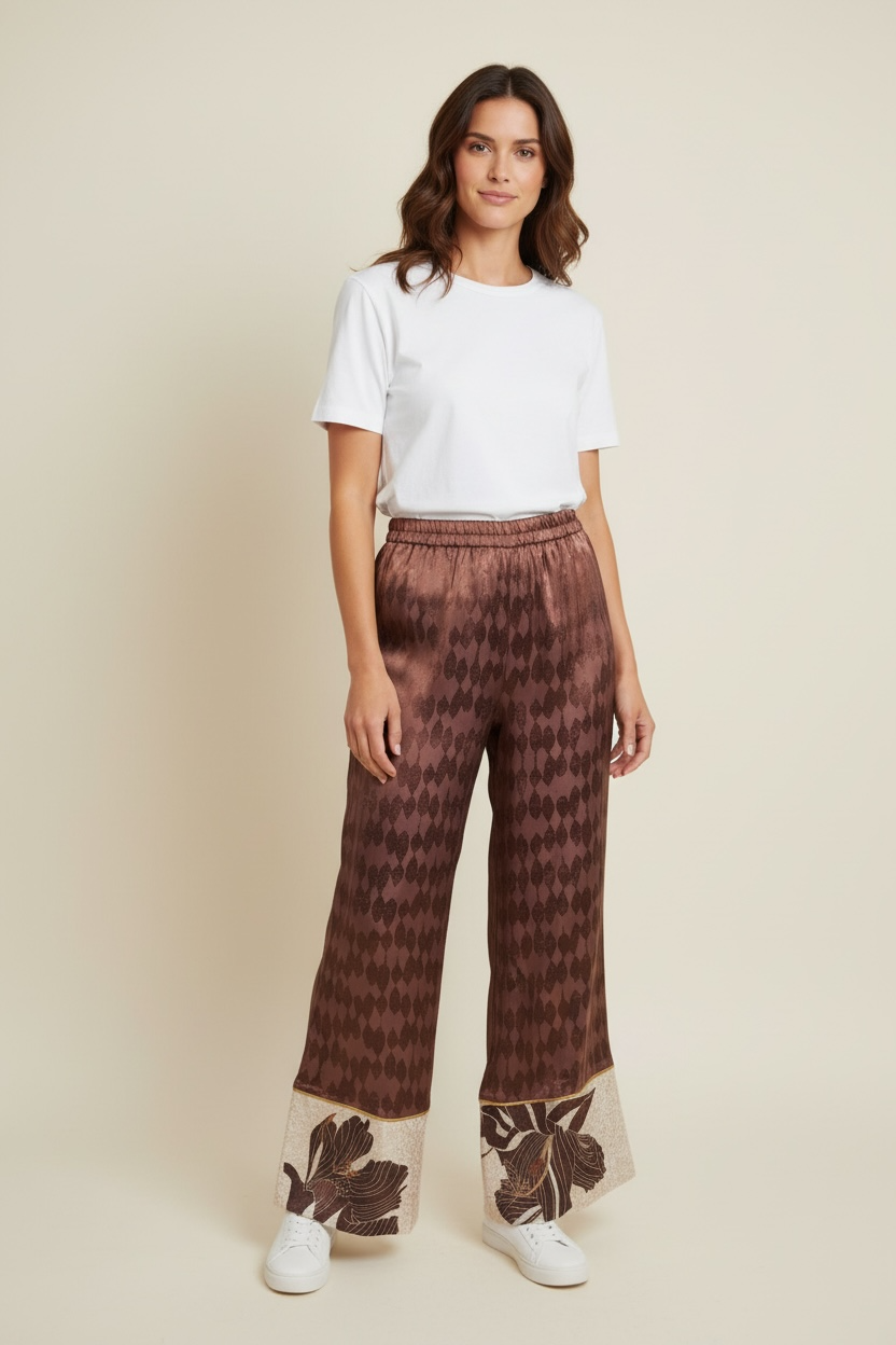PANTALONE PALAZZO FANTASIA ROMBI CON DETTAGLIO FLOREALE