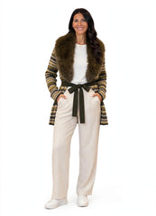 CARDIGAN LUNGO CON COLLO ECOPELLICCIA E CINTURA
