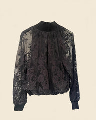 BLUSA IN PIZZO FLOREALE CON COLLO ALTO E POLSI IN MAGLIA A COSTINE
