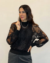BLUSA IN PIZZO FLOREALE CON COLLO ALTO E POLSI IN MAGLIA A COSTINE