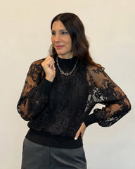BLUSA IN PIZZO FLOREALE CON COLLO ALTO E POLSI IN MAGLIA A COSTINE