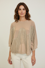 Maglia over maniche a tre quarti con frange