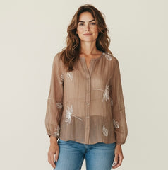 Camicia collo coreano con ricami fiori