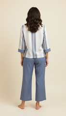 Completo casacca rigata e pantalone zampetta misto lino