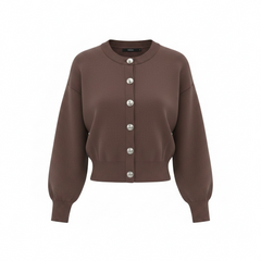 Cardigan girocollo a costine con bottoni frontali metallici