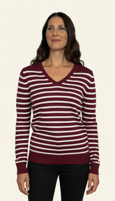Maglione scollo a V a righe bordeaux