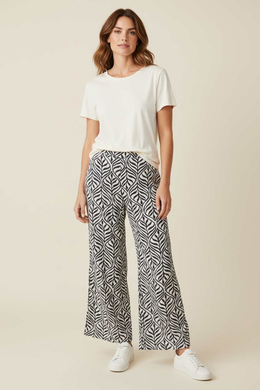 PANTALONE A GAMBA LARGA FANTASIA FOGLIE