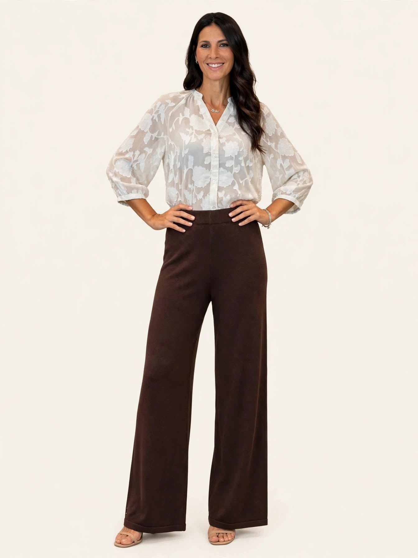 Pantalone a gamba larga in maglia rasata vita alta elasticizzata