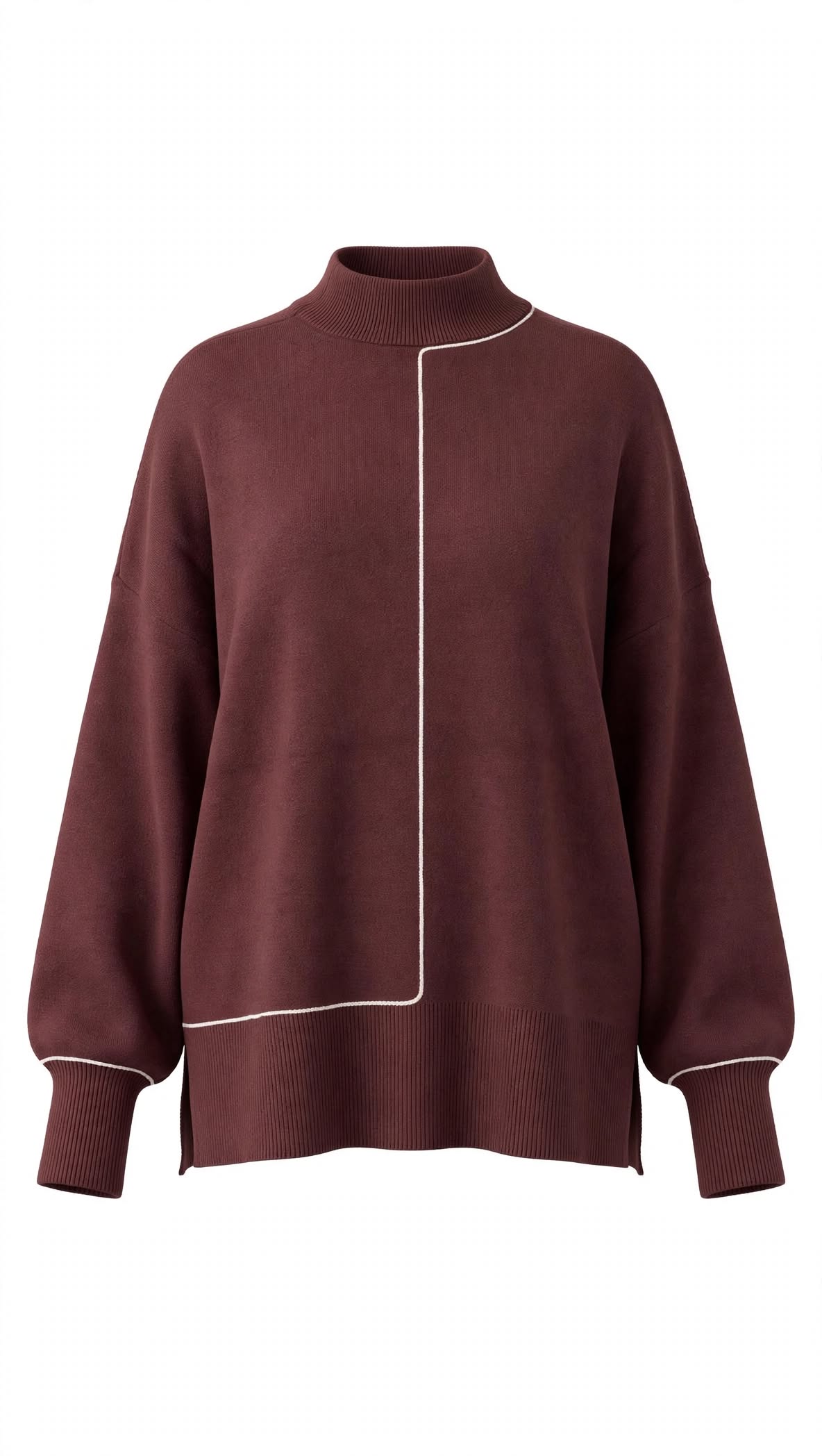 Maglione Donna marrone Oversize con Profilo a Contrasto Bianco