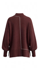 Maglione Donna marrone Oversize con Profilo a Contrasto Bianco
