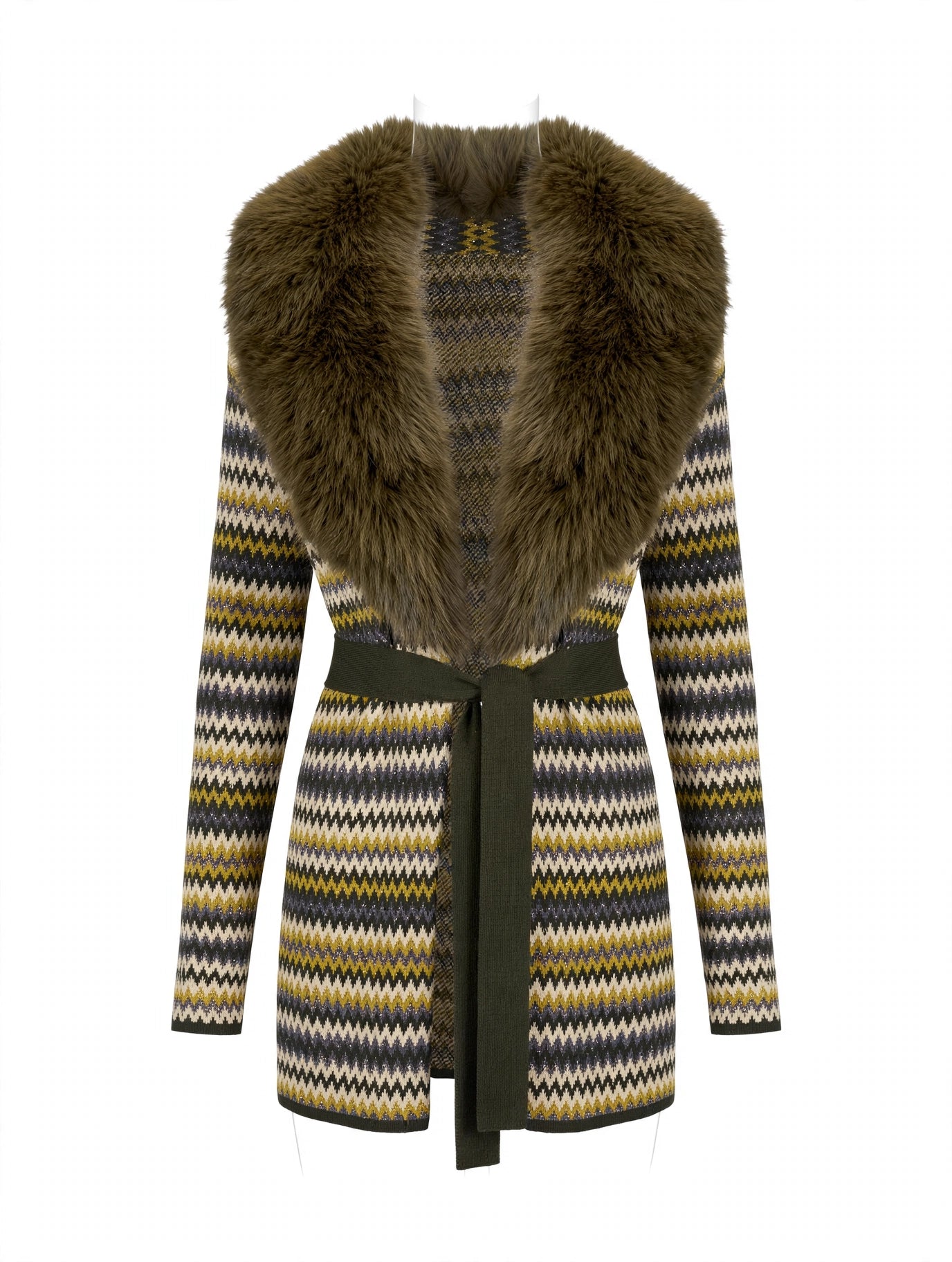 CARDIGAN LUNGO CON COLLO ECOPELLICCIA E CINTURA
