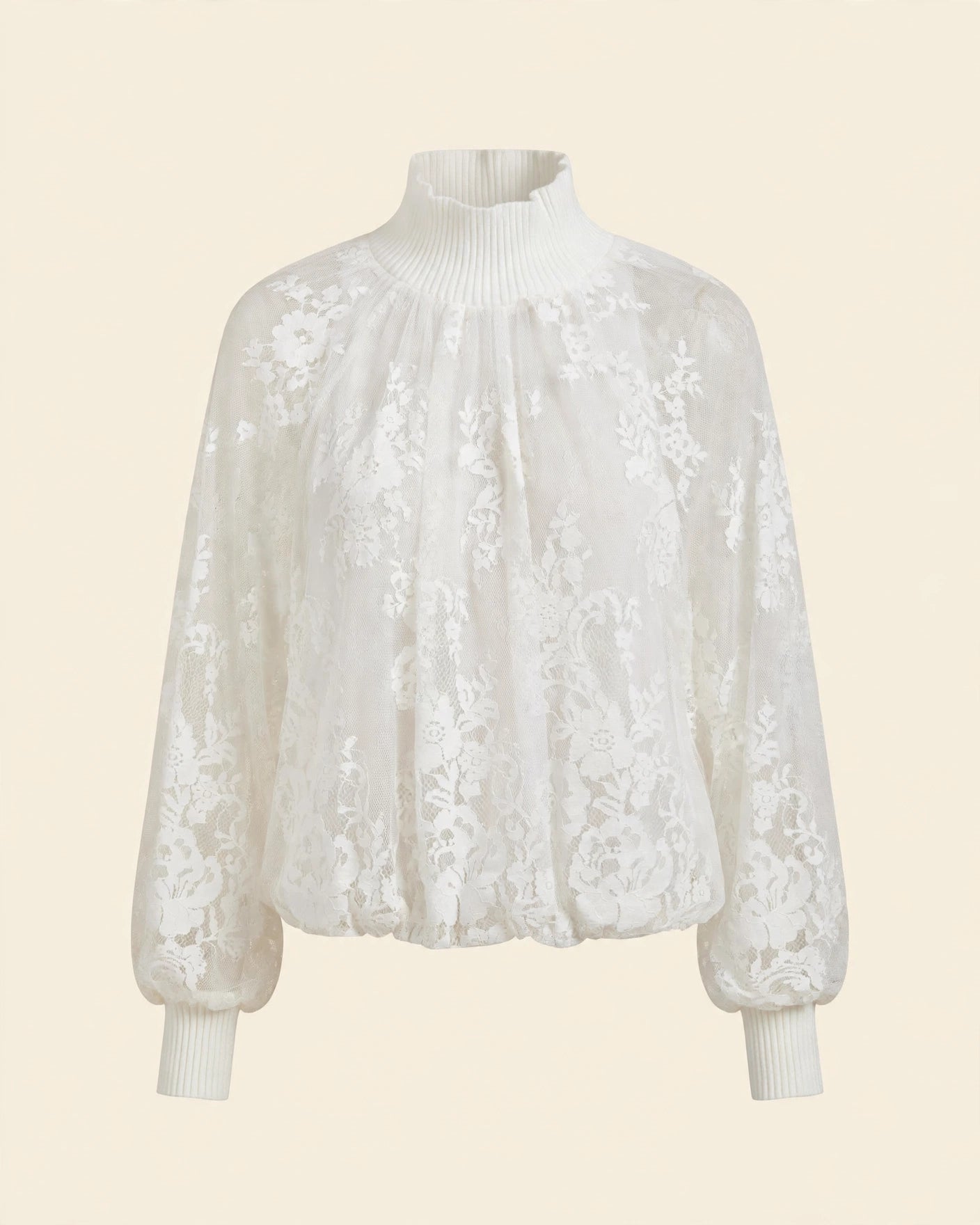 BLUSA IN PIZZO FLOREALE CON COLLO ALTO E POLSI IN MAGLIA A COSTINE