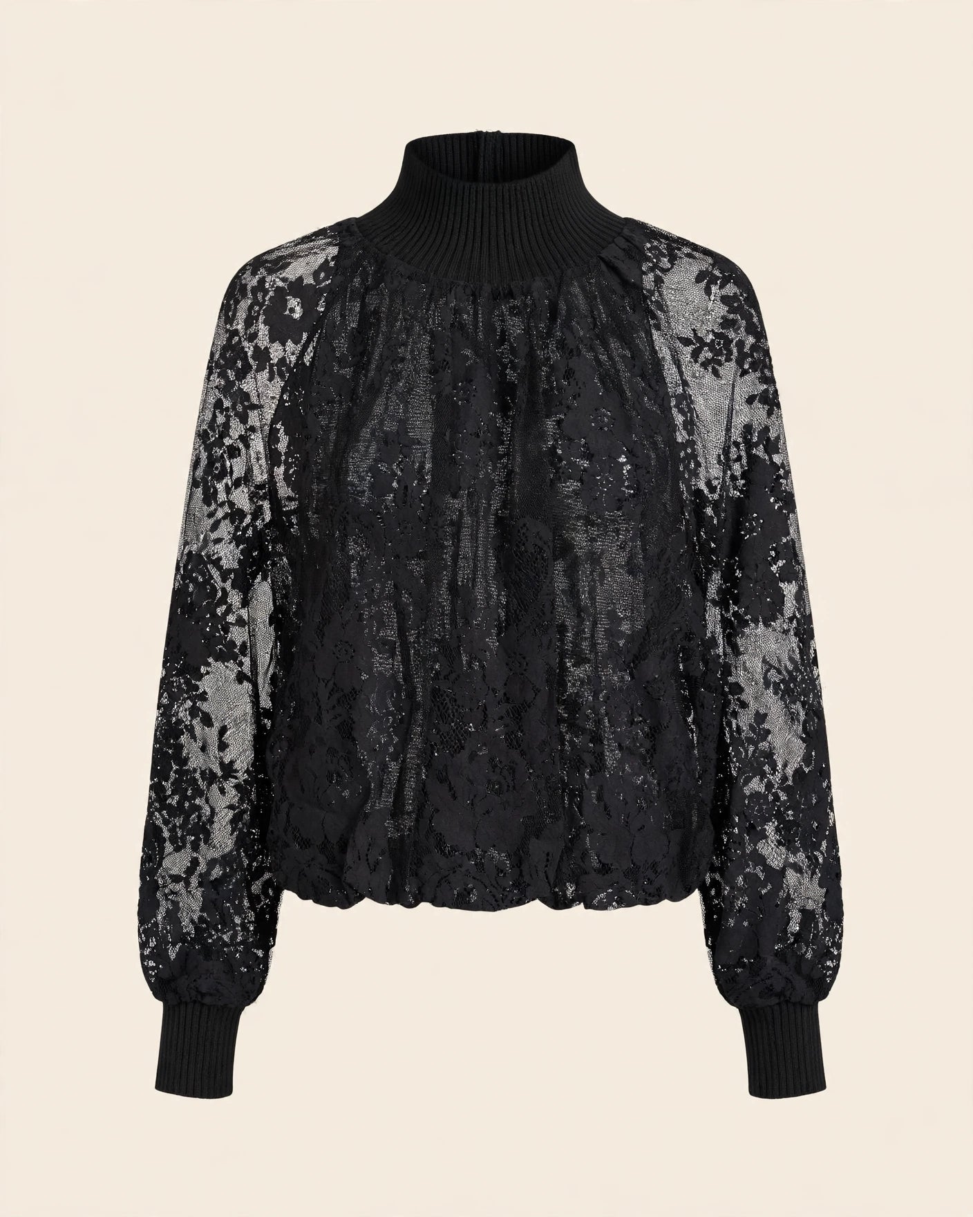 BLUSA IN PIZZO FLOREALE CON COLLO ALTO E POLSI IN MAGLIA A COSTINE