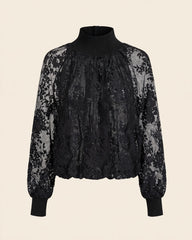BLUSA IN PIZZO FLOREALE CON COLLO ALTO E POLSI IN MAGLIA A COSTINE