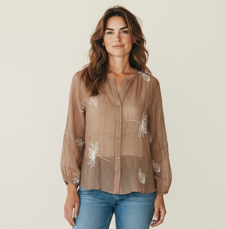 CAMICIA COLLO COREANO CON RICAMI FIORI - image 3