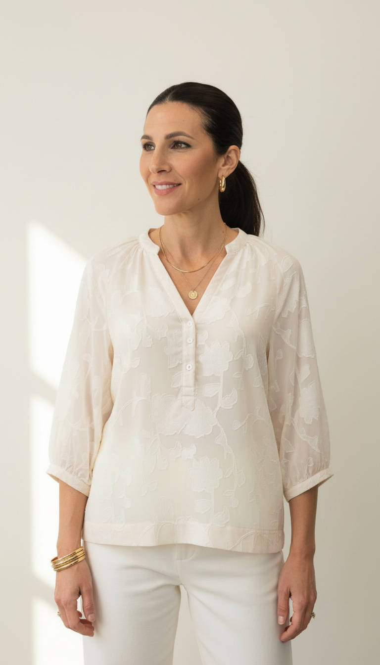 Camicia in velo con fiori e maniche a palloncino