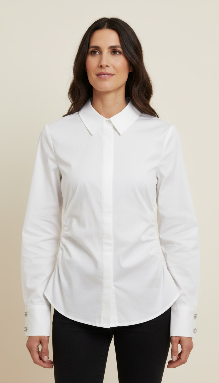 Camicia con drappeggio sui lati e chiusura delle maniche con bottoni gioiello