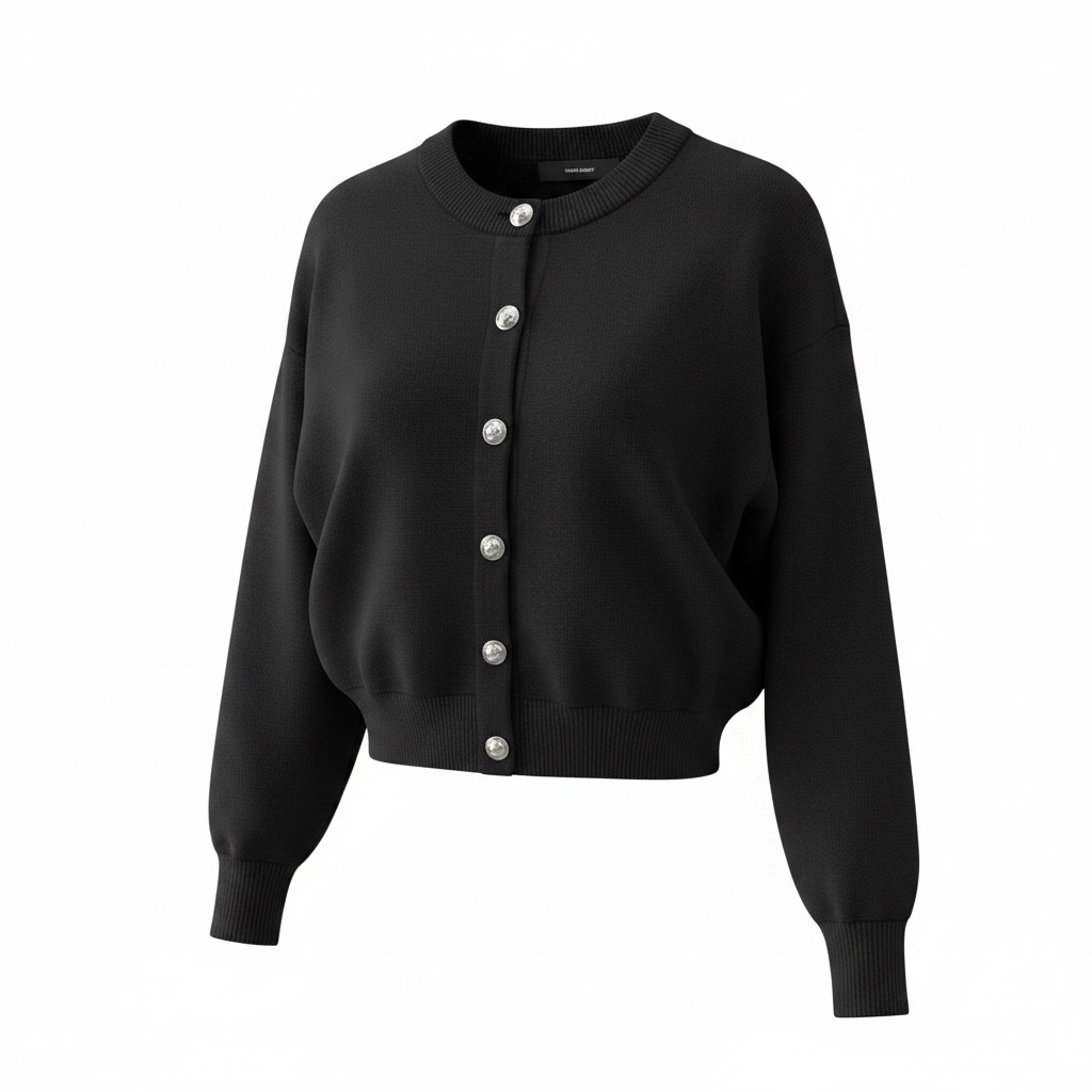 Cardigan girocollo a costine con bottoni frontali metallici