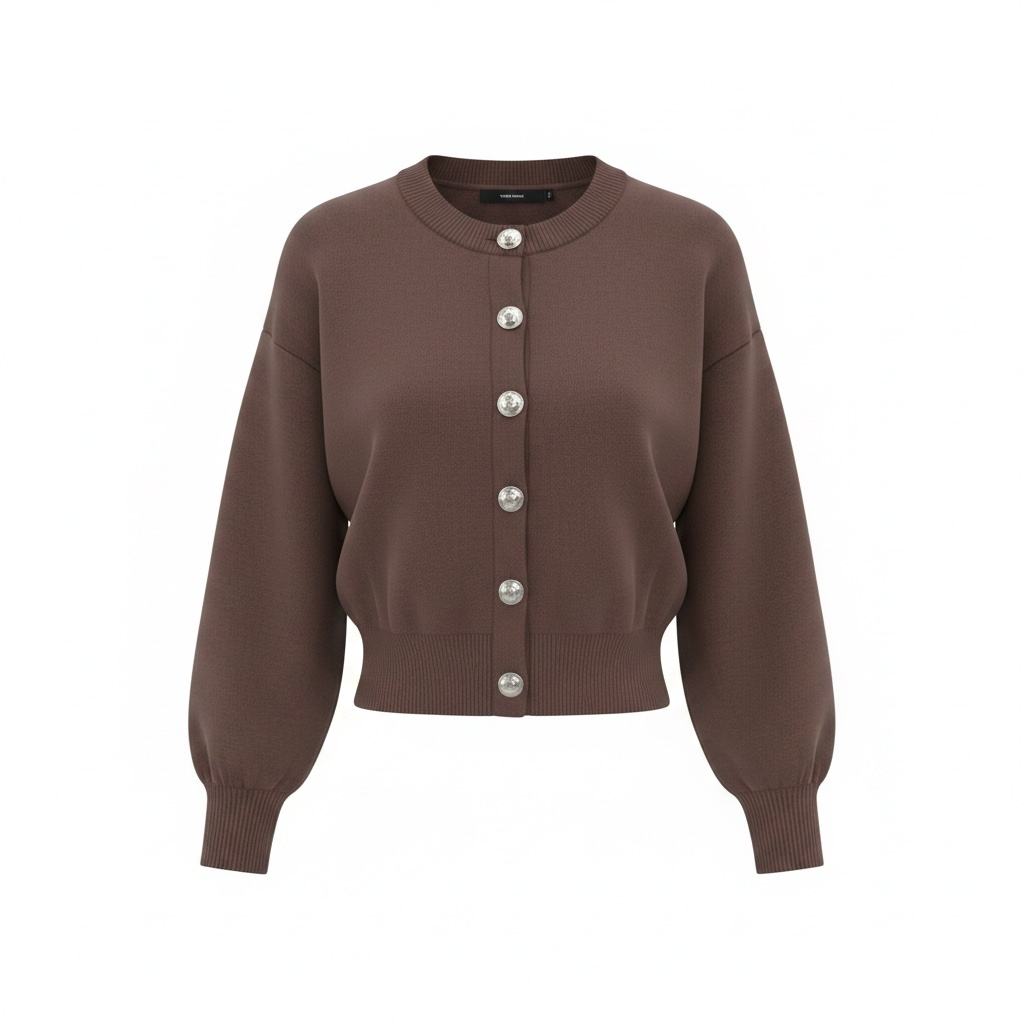 Cardigan girocollo a costine con bottoni frontali metallici