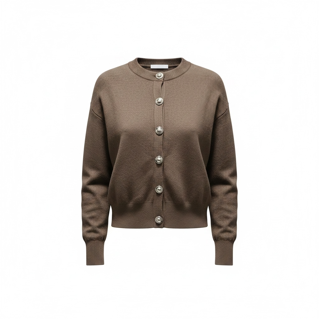 Cardigan girocollo a costine con bottoni frontali metallici