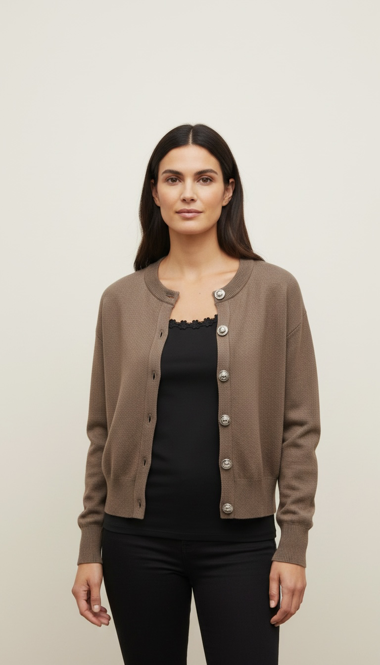 Cardigan girocollo a costine con bottoni frontali metallici