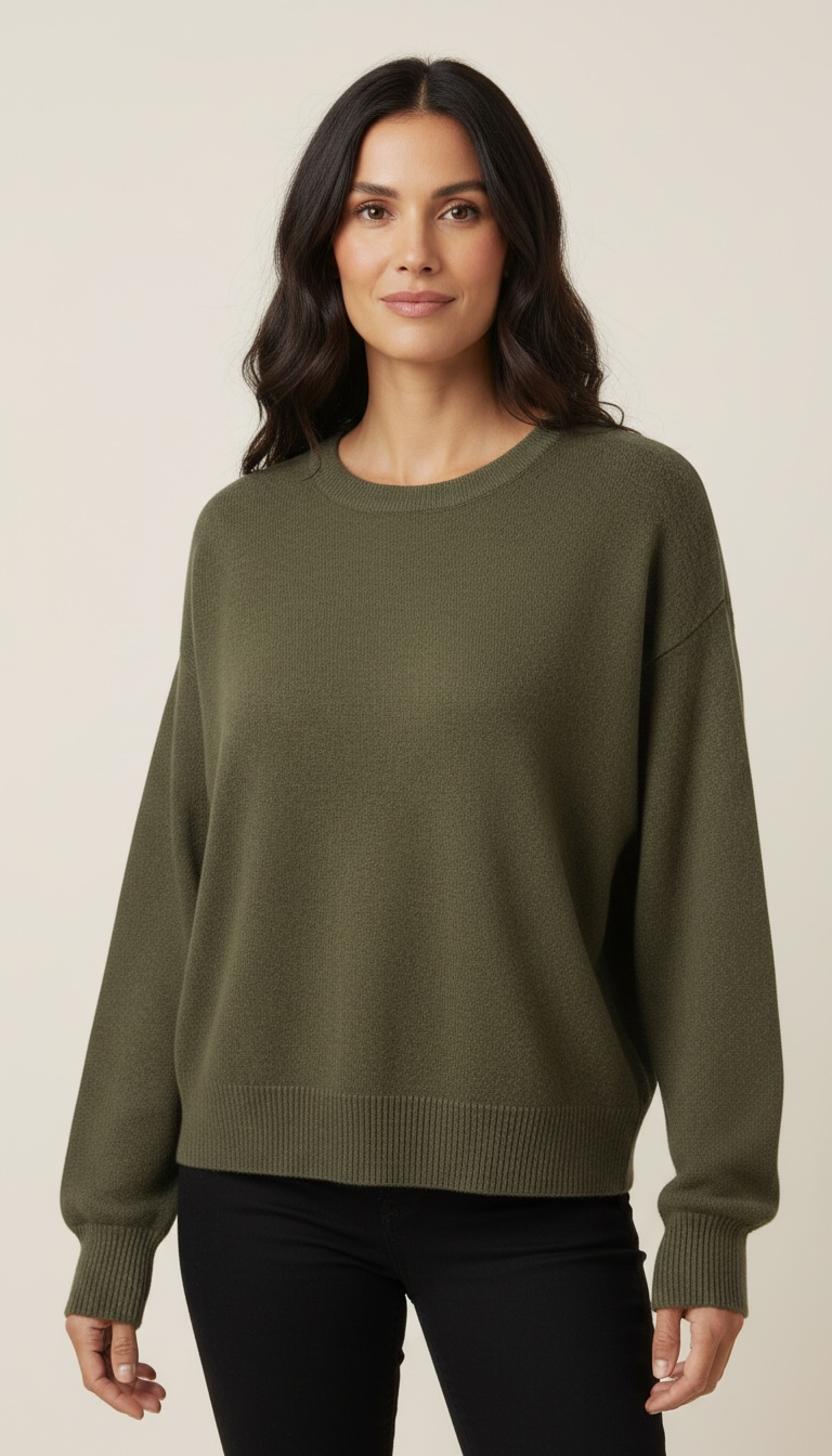 Maglione a girocollo con spalle scese, polsini e orlo a coste