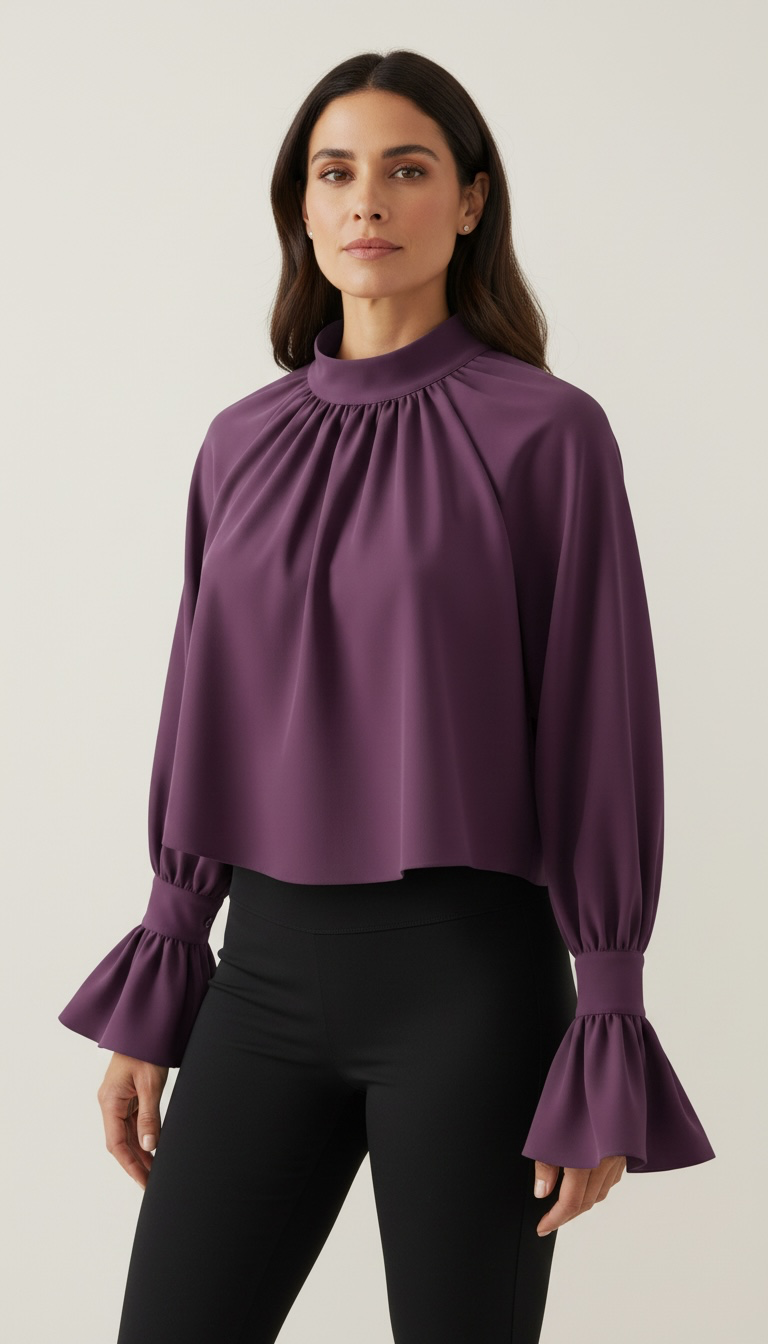 Blusa Donna Collo Alto Maniche a Palloncino | Volant