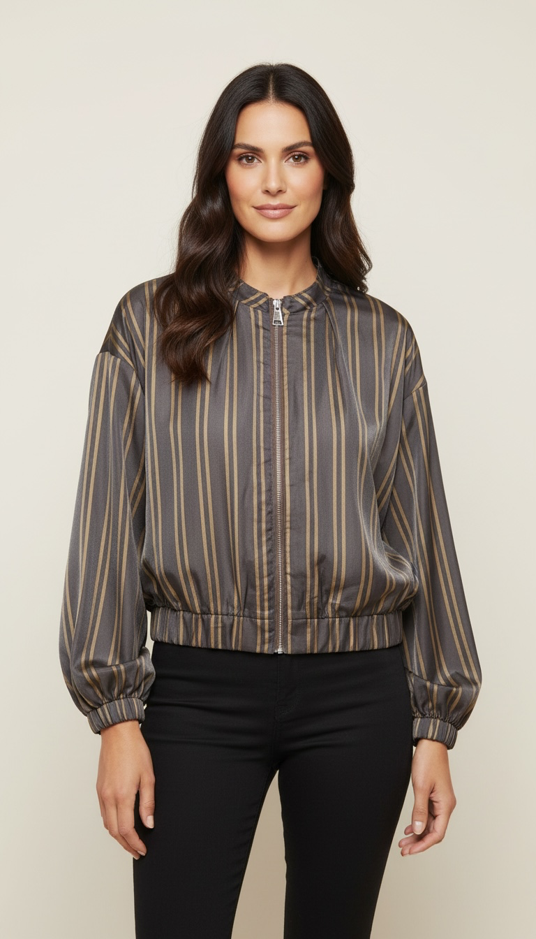 Camicia modello bomberino con righe verticali e zip