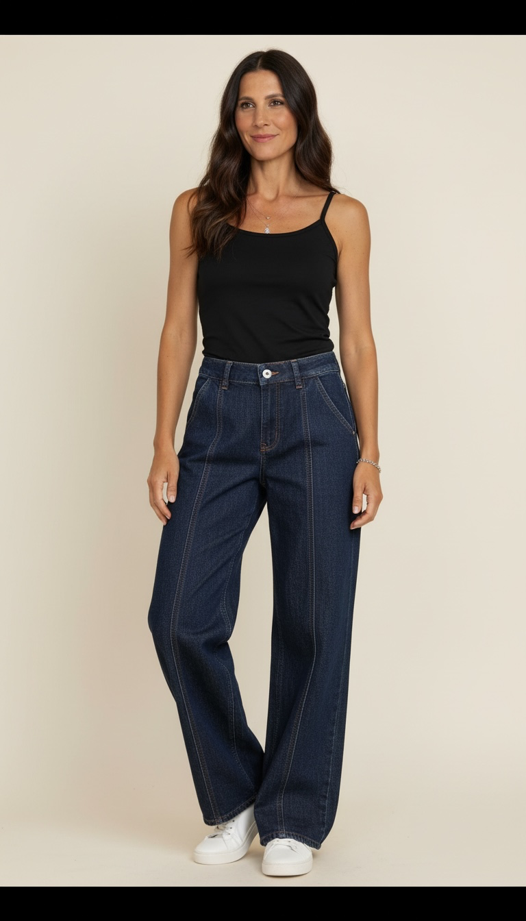Jeans a gamba larga e dritta con tasche e cuciture a contrasto