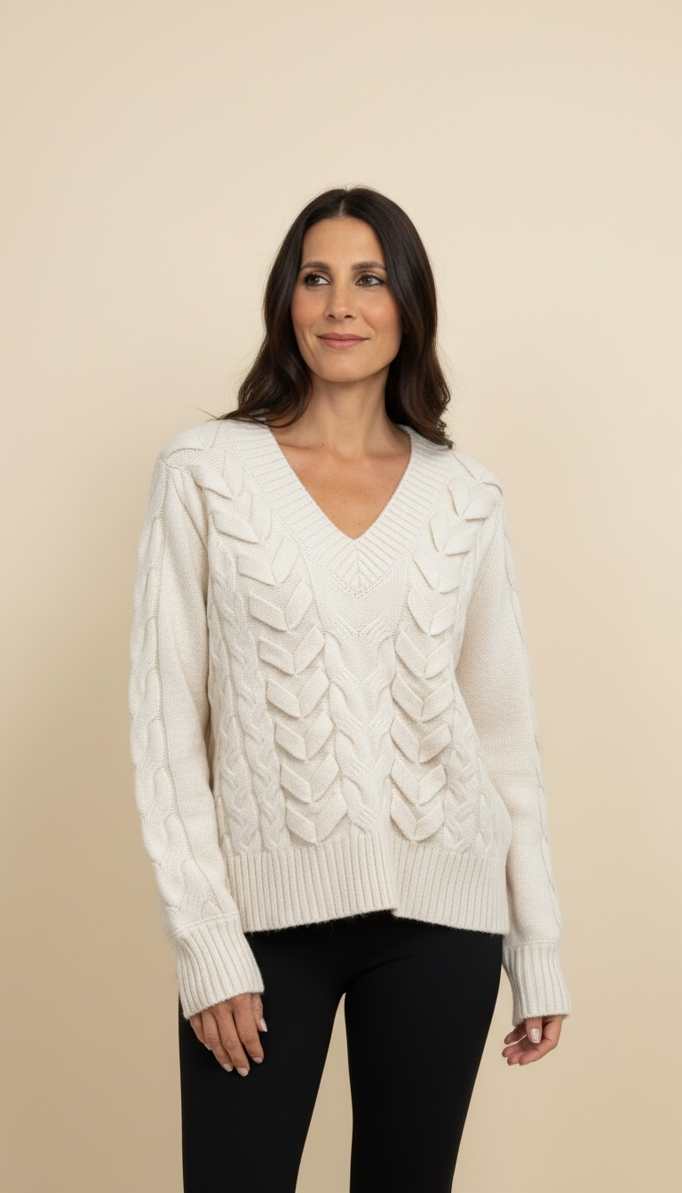 Maglione con scollo a V e lavorazione a trecce
