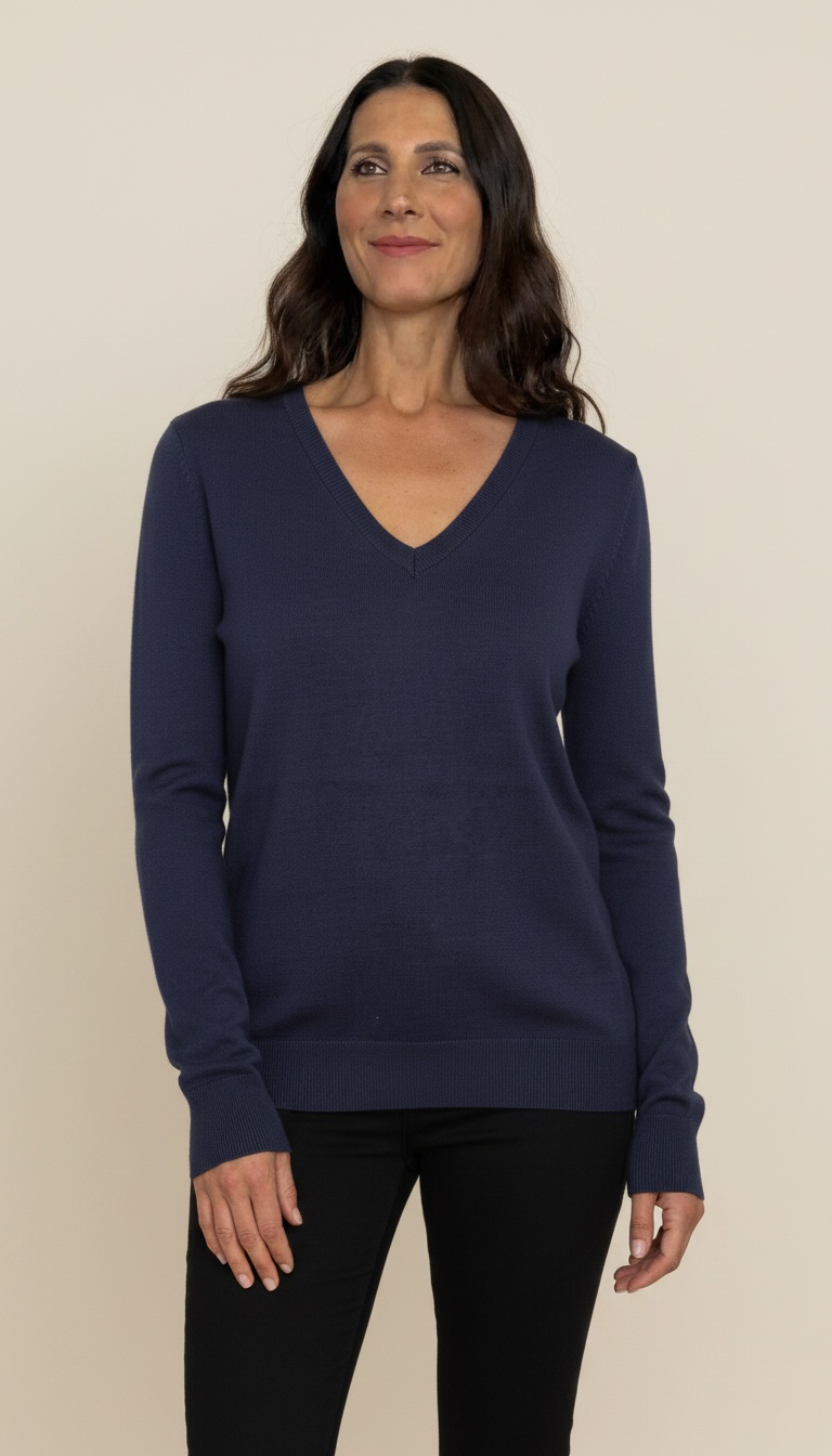 Maglione blu scollo a V in maglia rasata