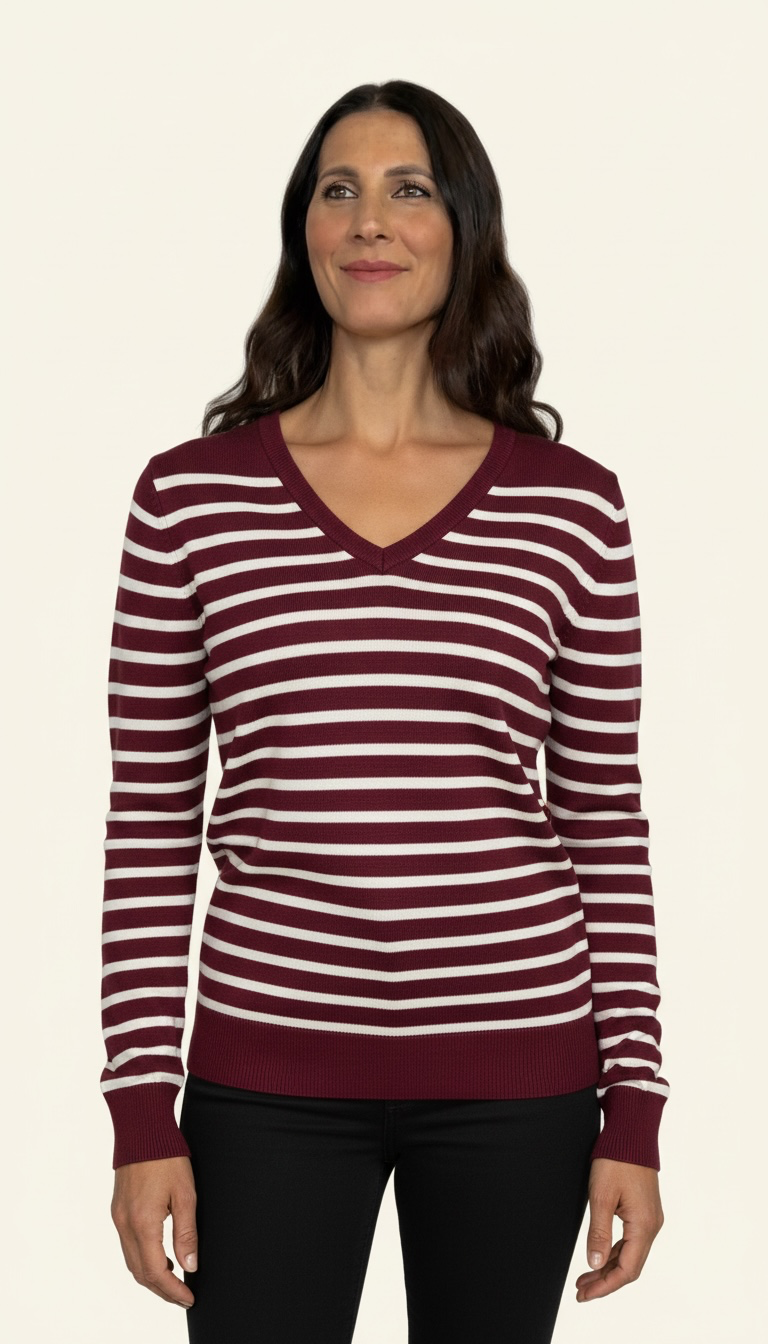 Maglione scollo a V a righe bordeaux