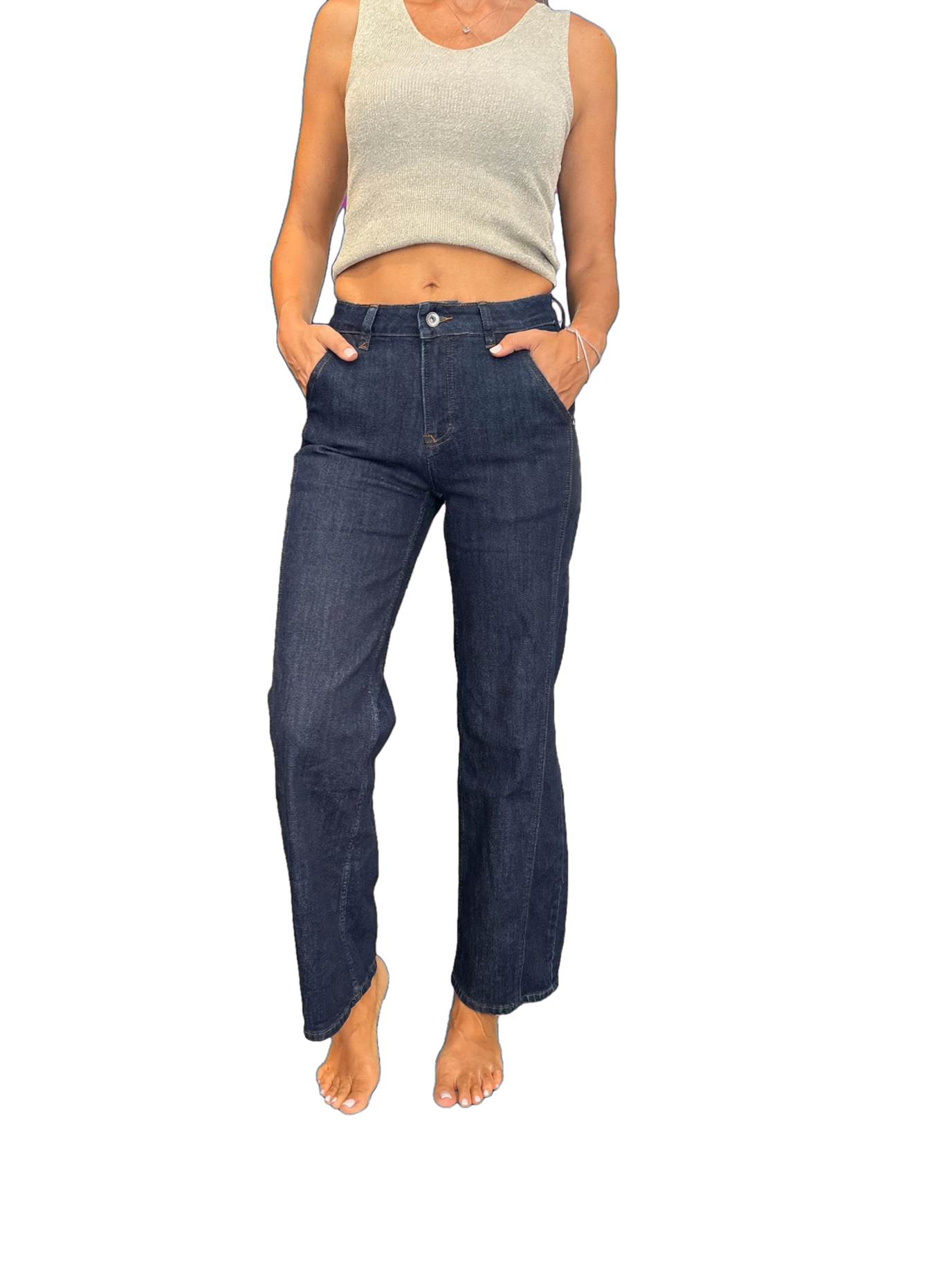 Jeans a gamba larga e dritta con tasche e cuciture a contrasto
