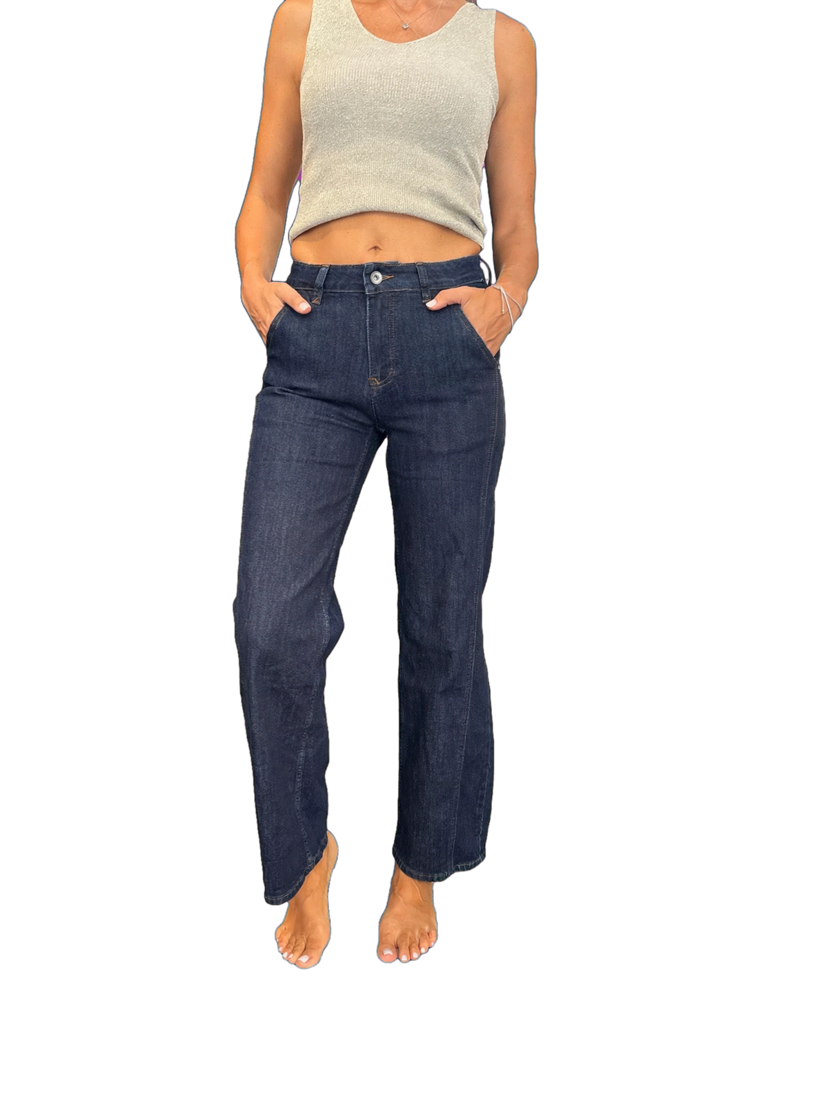 Jeans a gamba larga e dritta con tasche e cuciture a contrasto